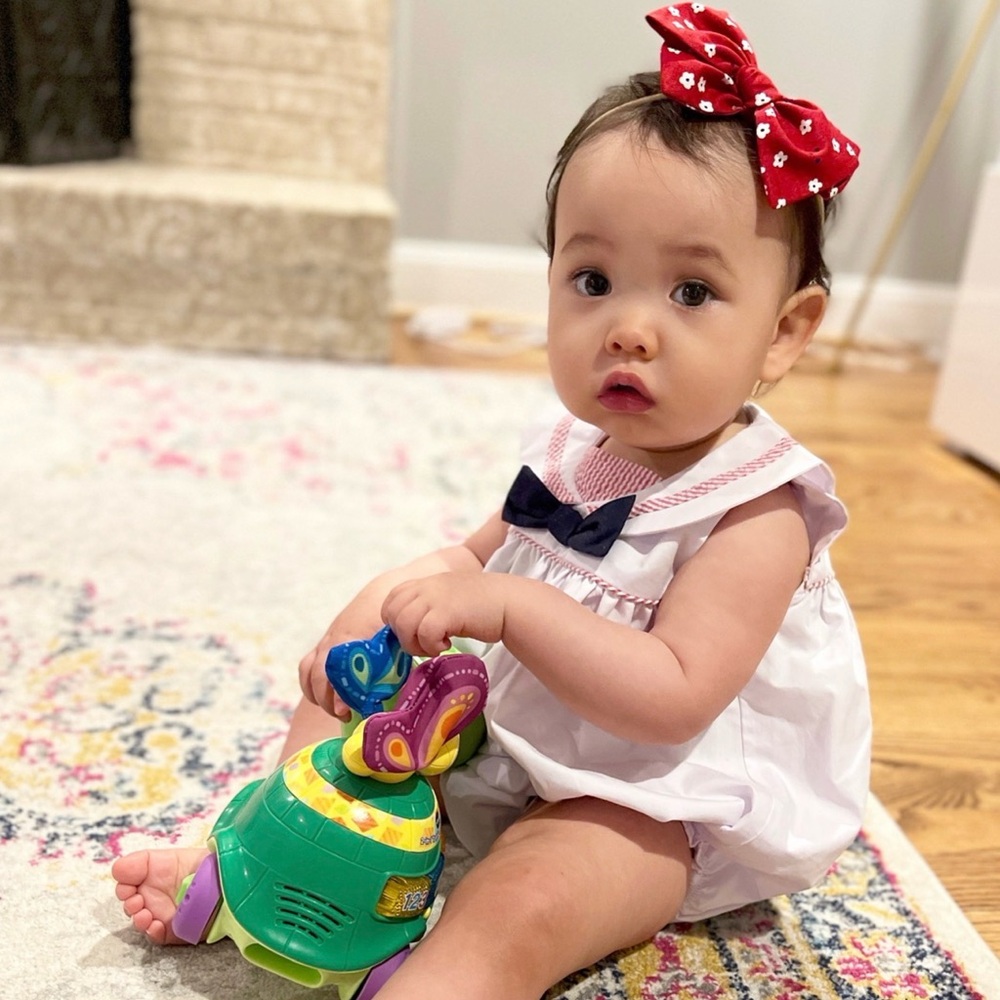 The Beaufort Bonnet Company Stiles Sunsuit Sailor Red Trim and Navy Bow EUC